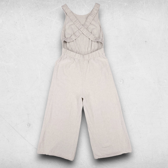 Hem & Thread Pant Jumpsuit Women M Beige Linen Blend Crossover Straps Boho 70s - Picture 2 of 12